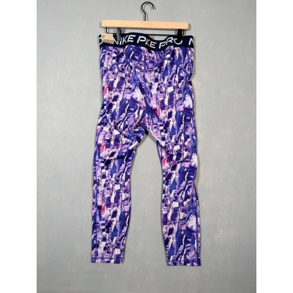 Nike Pro Dri-FIT Womens 1X Purple Abstract Glitch Print Training Legging‎
